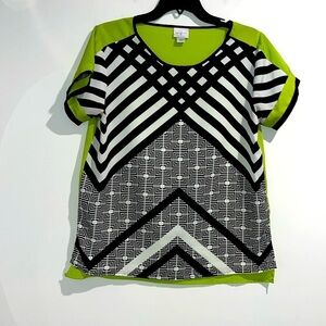 Jaclyn Smith black white green semi sheer top. Size medium.